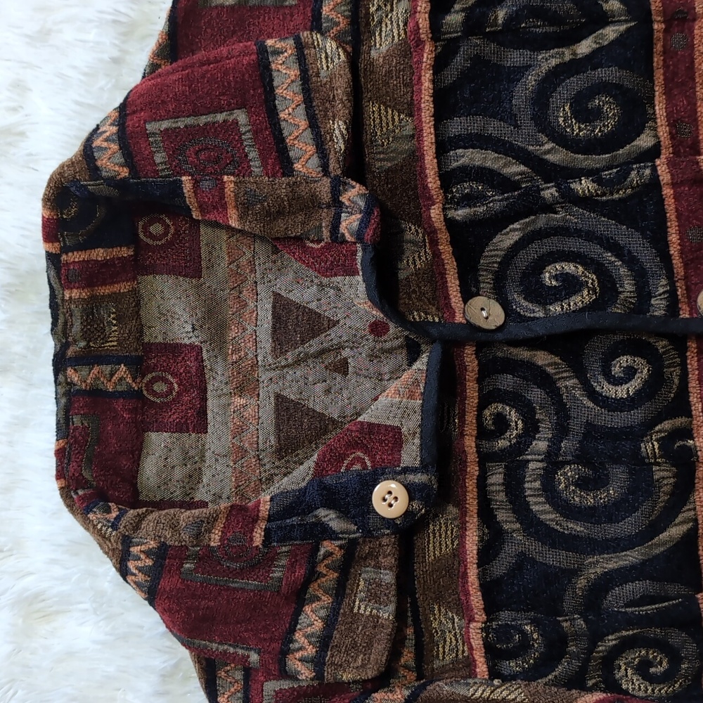 90s Vintage Reversible Red, Black, & Tan Corduroy Tapestry Button Down Jacket - Picture 3 of 12